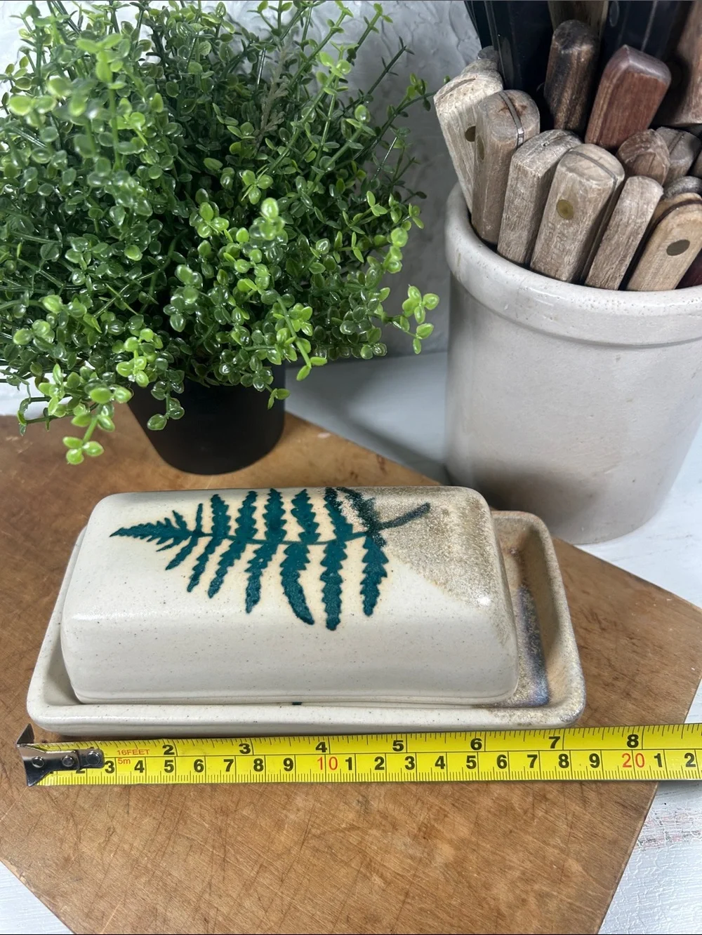 Stoneware Butter Dish Studio Pottery Handmade w/ Green Fern Motif Artist Signed